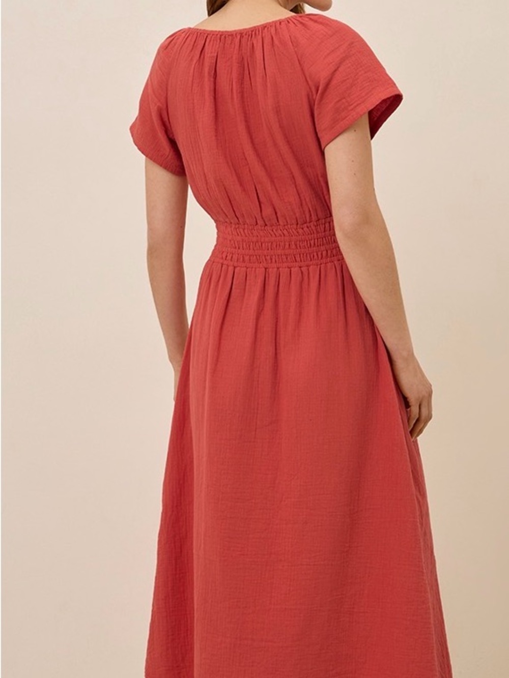 Pact Coral Midi Dress with Smocked Waist - Picture 2 of 7